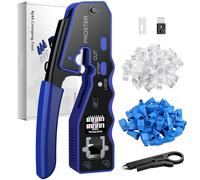 Proster Pinza Crimpatrice RJ45 Pass Through Multifunzione Spelafili per Cavo Rete RJ45 Cat6 Cat5 Cat5e Kit Strumento Crimpatura con 50pz Connettori Cat6 e Coperture di Protezione Blu