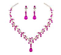 Prosy Bride Strass Collana e Orecchini Set Collana di Cristallo Bridal Party Wedding Jewelry Set per le Donne e le Ragazze (Rosso rosa)