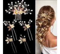 Prosy Bride Wedding Pins e pettine per capelli Fiore Foglia Bridal Pezzi di capelli da sposa Accessori per capelli Perla Bridal Clips per capelli per le donne e le ragazze Confezione da 5 (Oro)