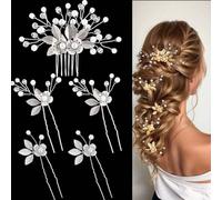 Prosy Bride Wedding Pins e pettine per capelli Fiore Foglia Bridal Pezzi di capelli da sposa Accessori per capelli Perla Bridal Clips per capelli per le donne e le ragazze Confezione da 5 (Argento)