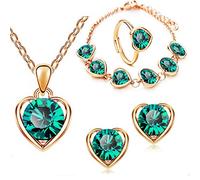 Prosy Cuore-A Forma di Cristallo Collana Oro Argento Orecchini Bracciale Anello Set Moda Amore Cuore Pendente Choker Collane Gioielli per le Donne e Ragazze (Verde)
