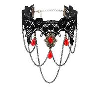 Prosy Girocollo in pizzo nero gotico di Halloween, collana con ciondolo con pietre preziose rosse, regolabile, per donne e ragazze