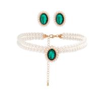 Prosy Set di collana girocollo e orecchini con perle a strati, con cristalli verdi, regolabile, per donne e ragazze, Plastica
