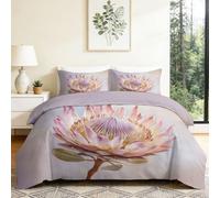 Protea, Set copripiumino con motivo floreale botanico, reversibile, in microfibra spazzolata, con federe, grigio e viola (200 x 200 cm)
