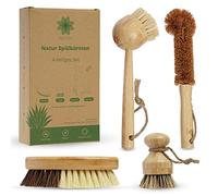 PROTEA Spazzola per piatti con testine di ricambio (set da 4) - spazzola sostenibile - riutilizzabile - in legno di bambù e fibra naturale - spazzole sostituibili - setole naturali