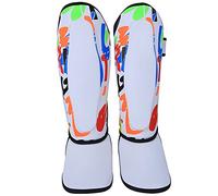 Proteggi gambe per bambini Parastinchi Equipaggiamento protettivo elastico durevole di alta qualità per allenamento Boxe Muay Thai Taekwondo PU super morbido Nero Bianco Taglia S (bianco-graffito)