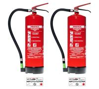 Protex - 2 estintori in schiuma SD6 E, 6 litri, senza fluoro, per le classi antincendio A e B, certificato secondo DIN EN 3, 11 kg, con pratico supporto, con etichetta di prova, prodotto in UE
