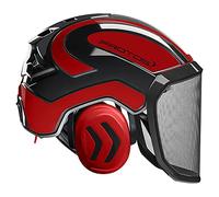 PROTOS® Casco di Sicurezza Forestale Integrale con Protezione Auricolare, Colore: Nero/Rosso, Caratteristiche: Visiera Fine