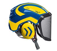 Protos - Casco di sicurezza integrale, per la protezione dell'udito, per arborista, blu-giallo, visiera sottile in dotazione