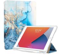 ProtUTab Custodia sottile a tre ante per iPad 10.2 (2021/2020/2019) e iPad 7a/8a/9a generazione con portapenne, accensione e spegnimento automatico, TPU leggero, marmo blu