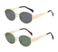 ProudDemon Occhiali da sole ovali retrò per donne uomini alla moda piccoli rotondi montatura in metallo, occhiali da sole dal design classico UV400, Oro Nero/Oro Verde