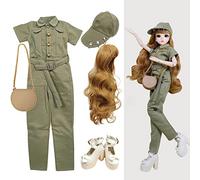 Proudoll 1/3 BJD Abbigliamento per bambola, realizzato a mano, elegante tuta verde esercito, berretto, parrucca, custodia in pelle e tacco alto, compatibile con bambole SD 1/3 60 cm