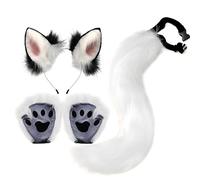 Proumhang 3 pezzi Orecchie Animali Fascia Coda Zampa Guanto Set,Gatto Volpe Cosplay Accessorio per le Donne,Halloween Regolabile Peloso Coda di Volpe Costume per Bambini Adulti Bianco