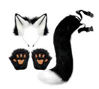 Proumhang 3 pezzi Orecchie Animali Fascia Coda Zampa Guanto Set,Gatto Volpe Cosplay Accessorio per le Donne,Halloween Regolabile Peloso Coda di Volpe Costume per Bambini Adulti Bianco&Nero