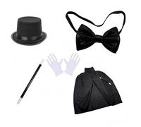 Proumhang 5 pezzi Costume da Mago per Bambini con Cappello a Cilindro,Mantello,Bacchetta Magica e Guanti Bianchi per Spettacolo di Trucchi Magici e Costume di Natale Halloween Festa Carnevale