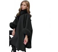 Proumhang Cappotto Mantella A-Line Elegante in Maglia,con Grande Collo in Pelliccia Sintetica e Cappuccio,Soprabito Trench per Donne, Taglie Forti Inverno,Poncho Cardigan Avvolgente e Caldo Nero 2XL