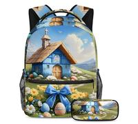 Prova comfort e stile con il nostro zaino e astuccio da 2 pezzi, set di zaini per la scuola di prima qualità per ragazzi, ragazze, adolescenti, casa blu con croce pasquale, Multicolore,
