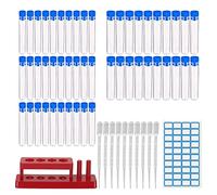 Provette Plastica,50 pcs Trasparente Provetta con Coperchio Provette Contenitore Vuote Urine Con Supporto 10 Contagocce,per Esperimento Liquido, Gioielli, Perle di Semi, Campioni e Spezie in Polvere