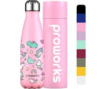Proworks Bottiglia Acqua in Acciaio Inox, Vuoto Isolato Borraccia Termica in Metallo per Bevande Calde per 12 Ore & Fredde 24 Ore Borraccia per Sport e Palestra 1 Litre Rosa pastello Sirene e unicorni