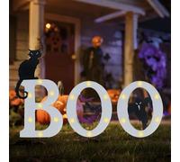 Prsildan Decorazioni di Halloween per esterni, cartello illuminato da cortile con pipistrelli e gatti, decorazione impermeabile per prato di Halloween, lettere illuminate a LED a energia solare per