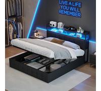 PRTECY Letto contenitore 160 x 200 con spazio di archiviazione e LED matrimoniale con doghe letto matrimoniale con funzione di ricarica USB letti imbottiti (senza materasso)(PU Noir, 160 x 200 cm)
