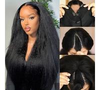 Prtyopp Parte a V parrucca per capelli umani parrucca per capelli umani ricci e lisci con parte a V, parrucca migliorata con parte a U, parrucca dritta Yaki con clip a metà per donne nere, ca