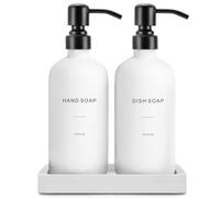 Prus Waso Set dispenser di sapone da cucina, contiene dispenser di sapone per piatti e dispenser di sapone per le mani. Dispenser di sapone bianco con pompa in acciaio inossidabile nero, perfetto per