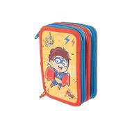 Pryma Astuccio 3 Scomparti, Double face, per Scuola Infanzia Elementari, 21 X 12.5 X 7 Cm, Pieno Con Accessori Scuola e 18 Pennarelli Giotto Turbo Color, 3 Zip (Bimbo Eroe e Dinosauro)