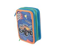 Pryma Astuccio 3 Scomparti, Double face, per Scuola Infanzia Elementari, 21 X 12.5 X 7 Cm, Pieno Con Accessori Scuola e 18 Pennarelli Giotto Turbo Color, 3 Zip (Bimbo Tigre e Macchina)