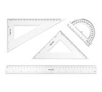 Pryma Set Strumenti Geometrici 4 Pezzi - Righello 30 cm + Squadra 45° + Squadra 60° + Goniometro 180° - Strumenti di Precisione per Scuola e Ufficio