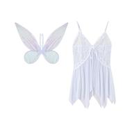 Prytgnsor Costume da fata da farfalla da donna, abito sexy con spalline sottili, vestito trasparente con ali, set da 2 pezzi, costume per Halloween e cosplay (A-bianco, taglia unica)