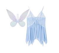 Prytgnsor Costume da fata da farfalla da donna, abito sexy con spalline sottili, vestito trasparente con ali, set da 2 pezzi, costume per Halloween e cosplay (A-blu, taglia unica)