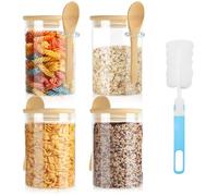 PRZRAO Set di 4 Barattoli Vetro con Coperchio, 550 ml Barattoli Vetro Ermetici, Vasetti Cucina con Cucchiaio per Conservazione Alimenti, Coperchio in Bambù per Spezie, Tè, Caffè, Noci