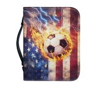 Psaytomey Custodia bibbia da uomo in pelle PU bandiera americana calcio fuoco leggero chiesa organizer bibbia con manico e chiusura lampo custodia biblica per uomo donna