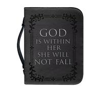 Psaytomey Custodia per Bibbia per uomo e donna, in pelle PU, con manico e tasche, adatta per studio all'aperto, con scritta in lingua inglese "God is Within Her She Will Not Fall", colore nero