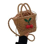 [Psdndeww] Borsa a secchiello in paglia da viaggio, spiaggia, borsa a tracolla in tessuto, borsa a tracolla per telefono da donna, Ciliegia cach