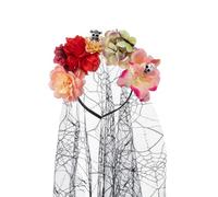 Psdndeww Fascia laterale sottile con fiori e teschi per Halloween, con velo, per donna, matrimonio, festa, acconciatura, leggera, le migliori decorazioni di Halloween