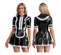 PSNKLMM Abito da donna elegante a maniche corte, in pizzo, con grembiule(Black,XL)