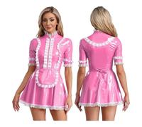 PSNKLMM Abito da donna elegante a maniche corte, in pizzo, con grembiule(Pink,M)