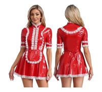 PSNKLMM Abito da donna elegante a maniche corte, in pizzo, con grembiule(Red,4XL)