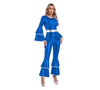 PSNKLMM Costume da discoteca donna, abiti hippie, trucco for Halloween, feste, costumi spettacolo di danza hip-hop, tuta metallizzata lucida(Royal Blue,XXL)