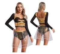 PSNKLMM Costume da musica, abiti ballo for teatro musicale, for donne, con gonna corta a maniche lunghe(Gold,XL)