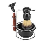 Pssopp Kit da Barba da 4 Pezzi, Rasoio Manuale con Manico in Legno, Set di Pennelli da Barba e Supporto in Acciaio Inossidabile per Uomo