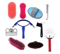 Pssopp Kit per Toelettatura 10 Pezzi Set di Strumenti per la Pulizia del Cavallo in Legno di Silicone con Pettine Al Curry Raccogli Zoccoli Raschietto per il Sudore 5 Spazzole per Cavalieri per la