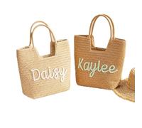 PSUNEY Borsa Da Spiaggia All'Uncinetto Personalizzata con Ricamo Nome per Donna, Borsa Mare Grande Rafia Intrecciata Foderata Internamente, Borsa Estiva Boho Regalo per Damigelle Compleanno Festa dell