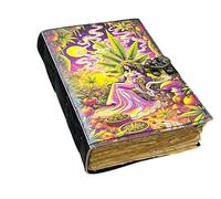 Psychedelic Goddess Leather Journal - Handmade Grimoire with Cannabis Leaves, Vintage Botanical Mushrooms & Fruits - Hippie Boho Witchcraft Notebook with Deckle Edge Paper & Metal Clasp