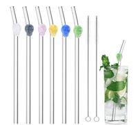 PTaizjjz 6 cannucce riutilizzabili in vetro, con teschio su cannucce trasparenti con design da 8 mm, resistenti agli urti, piegate con 2 spazzole per la pulizia per bevande e succhi di frutta