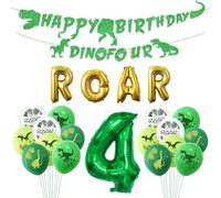 PTECDROTS Dino Four Decorazione per feste di compleanno, decorazioni per il 4° compleanno con dinosauro, striscione a quattro dinosauri, palloncini ruggiti, quattro decorazioni di compleanno per
