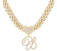 PTJDSMF Catena a maglia cubana con iniziale in oro per le donne Miami Iced Out Chain per le donne Bling Diamond Chain Collana Gioielli Hip Hop, Zinco, Strass