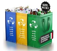 PTMS® Borse Raccolta Differenziata MINI per Carta, Plastica e Vetro | 3 Bidoni Differenziata da Interno ed Esterno - Set Bidoni per Raccolta Differenziata Interno in Colore di Riciclaggio